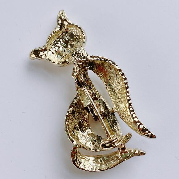 VTG Mid Century Creepy Cute Brooch Cat Figural Rhinestone Gold Tone Kitschy Pin - Picture 8 of 11